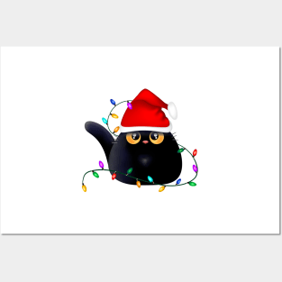 Christmas Black Cat with lights Posters and Art